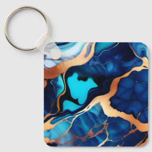 Trendy Blue yellow Gold faux marble  Key Ring