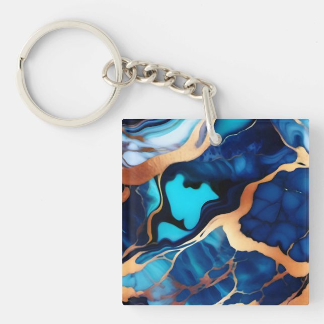 Trendy Blue yellow Gold faux marble  Key Ring (Front)