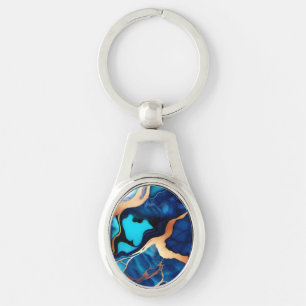 Trendy Blue yellow Gold faux marble  Key Ring