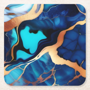 Trendy Blue yellow Gold faux marble Square Paper Coaster