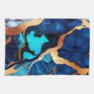 Trendy Blue yellow Gold faux marble Tea Towel