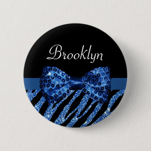 Trendy Blue Zebra Print FAUX Glitz Bow With Name 6 Cm Round Badge