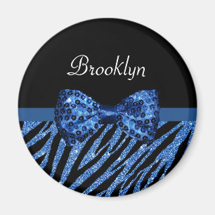 Trendy Blue Zebra Print FAUX Glitz Bow With Name Magnet