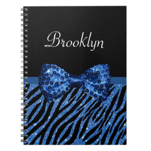 Trendy Blue Zebra Print FAUX Glitz Bow With Name Spiral Notebook