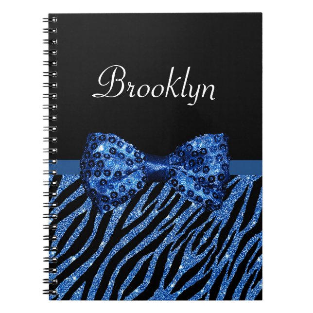 Trendy Blue Zebra Print FAUX Glitz Bow With Name Spiral Notebook (Front)