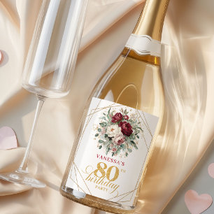 Trendy Blush Burgundy 80th Birthday Champagne  Sparkling Wine Label