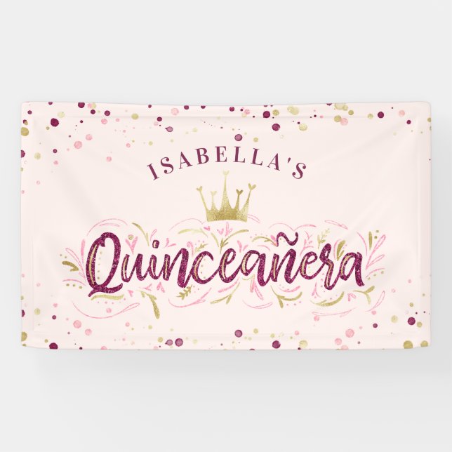 Trendy Blush Burgundy & Gold Confetti Quinceañera Banner (Horizontal)