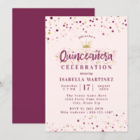 Trendy Blush Burgundy & Gold Confetti Quinceañera