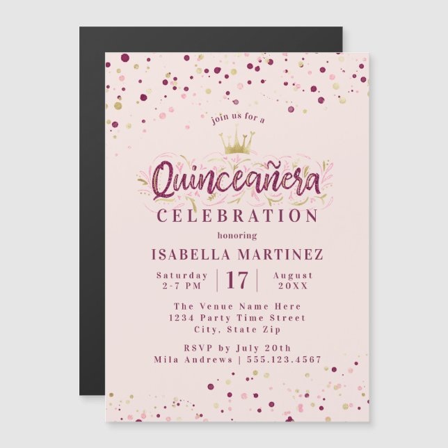 Trendy Blush Burgundy & Gold Confetti Quinceañera Magnetic Invitation (Front/Back)