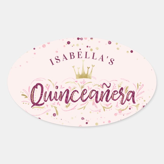 Trendy Blush Burgundy & Gold Confetti Quinceañera Oval Sticker (Front)