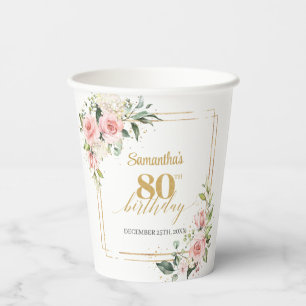Trendy blush floral eucalyptus gold 70th birthday paper cups