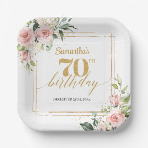 Trendy blush floral eucalyptus gold 70th birthday paper plate
