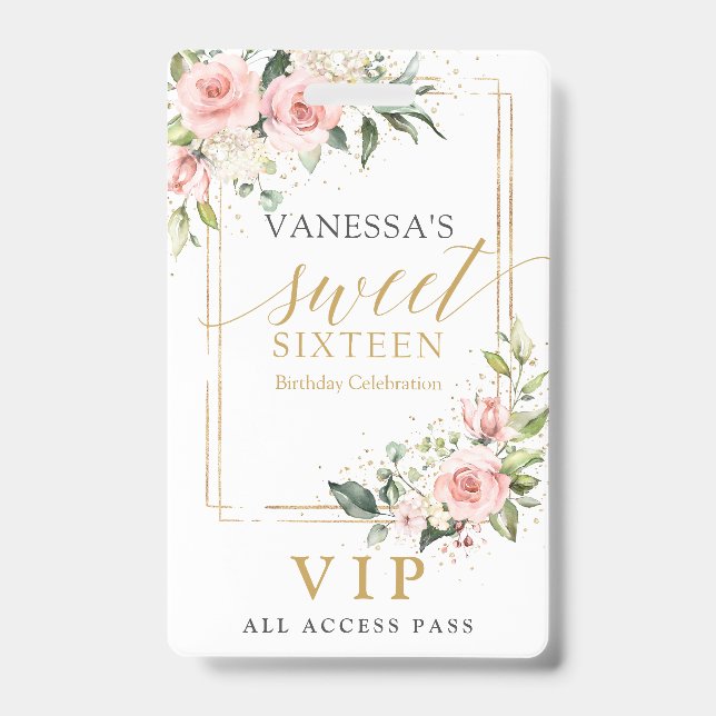 Trendy blush floral gold sparkles sage sweet 16th ID badge (Front)