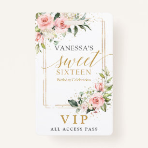 Trendy blush floral gold sparkles sage sweet 16th ID badge