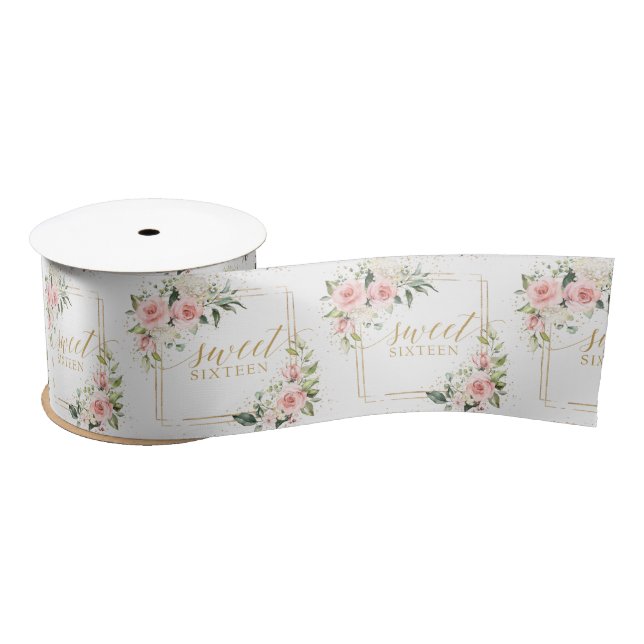 Trendy blush floral gold sparkles sweet sixteen satin ribbon (Spool)