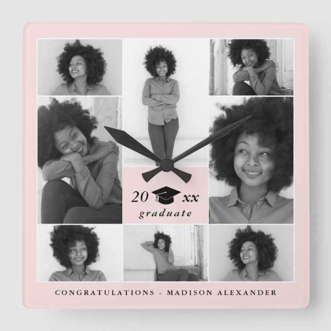 Trendy Blush Graduation Cap Photo Collage Square Wall Clock (Front)