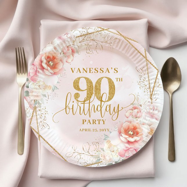 Trendy Blush Pink Floral Gold 90th Birthday  Paper Plate (Trendy Blush Pink Floral Gold 90th Birthday Plate)