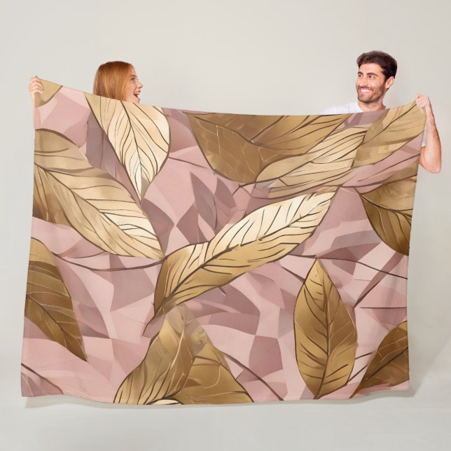 Trendy Blush Pink Gold Boho Leaves Collection Fleece Blanket (In Situ)