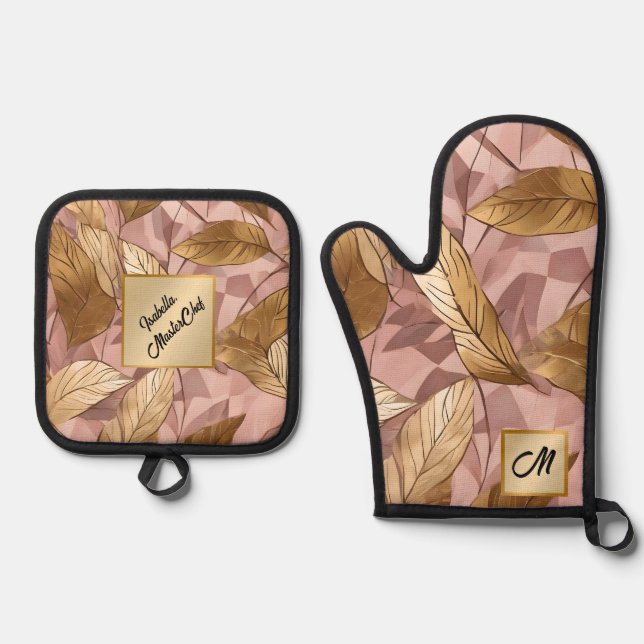 Trendy Blush Pink Gold Boho Leaves Collection Oven Mitt & Pot Holder Set (Front)