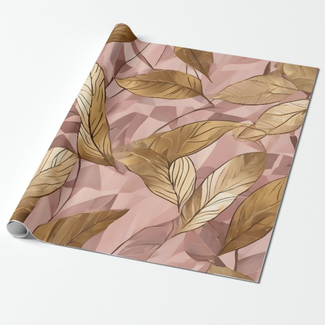 Trendy Blush Pink Gold Boho Leaves Collection Wrapping Paper (Unrolled)