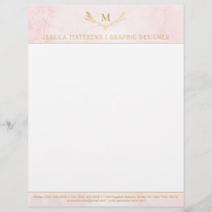 Trendy Blush Pink & Gold Foil Monogram Wreath Custom Letterhead
