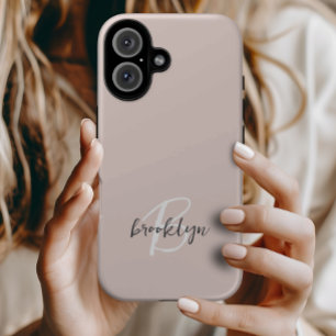 Trendy Blush Pink Grey Script Monogram iPhone 16 Case