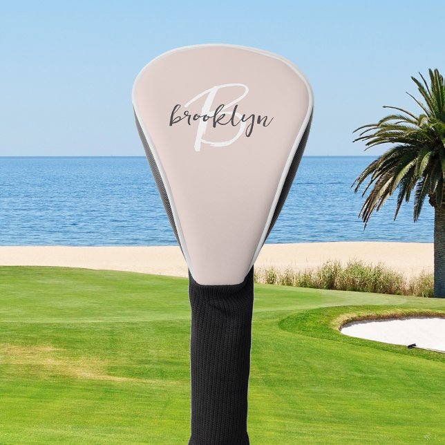Trendy Blush Pink Grey Script Monogram Golf Head Cover (Creator Uploaded)