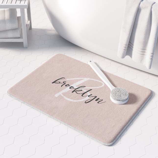 Trendy Blush Pink Grey Script Monogram Name Bath Mat (Creator Uploaded)