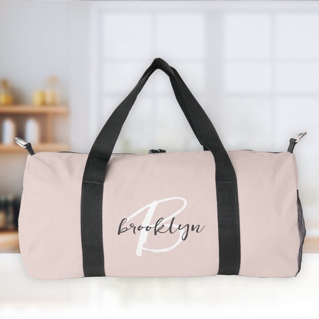 Trendy Blush Pink Grey Script Monogram Name Duffle Bag (Creator Uploaded)