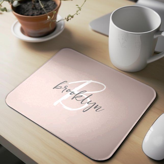 Trendy Blush Pink Grey Script Monogram Name Mouse Pad (Creator Uploaded)