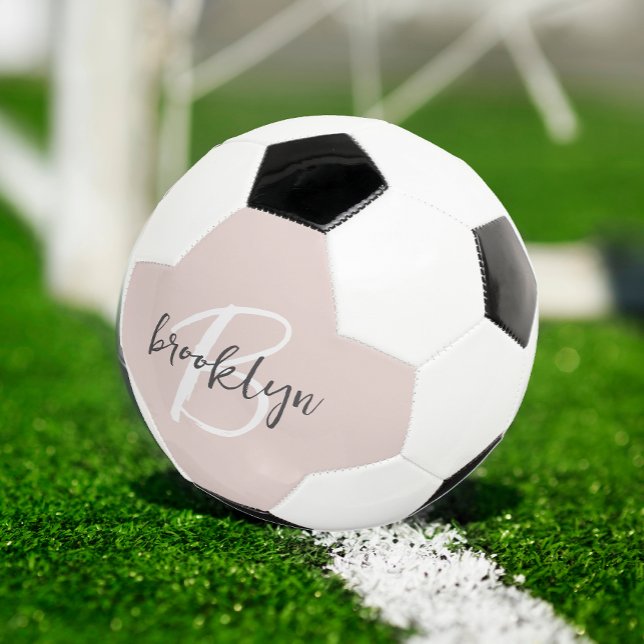 Trendy Blush Pink Grey Script Monogram Name Soccer Ball (Creator Uploaded)