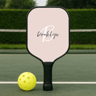 Trendy Blush Pink Grey Script Monogram Pickleball Paddle