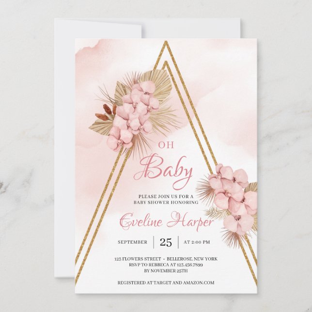Trendy Blush Pink Orchid Dried Palm Oh Baby Shower Invitation (Front)