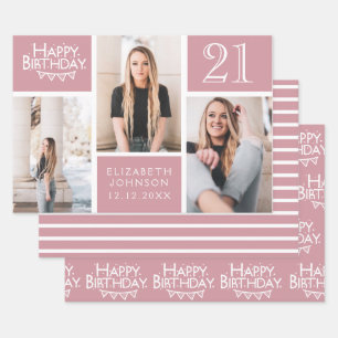 Trendy Blush Pink Photo Collage 21st Birthday Wrapping Paper Sheet