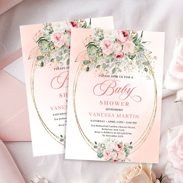 Trendy Blush Rose Gold Floral Girl Baby Shower Invitation (Trendy Blush Rose Gold Floral Girl Baby Shower Invitation)