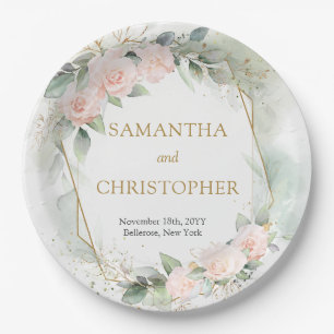 Trendy blush roses gold frame eucalyptus wedding paper plate