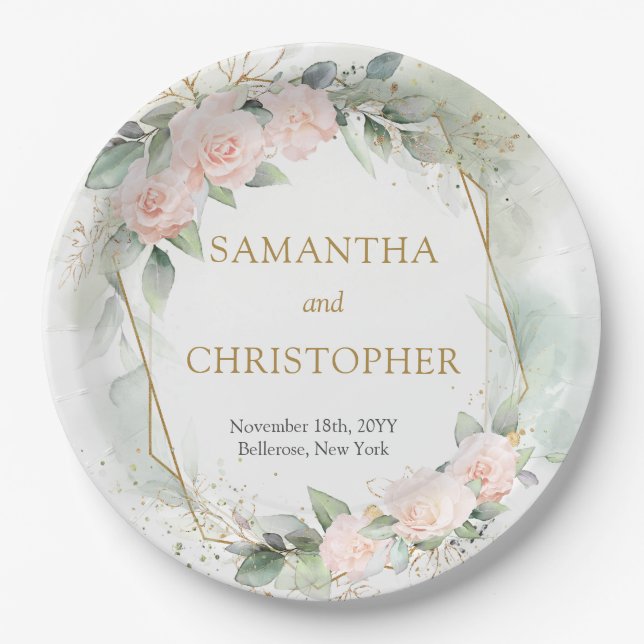 Trendy blush roses gold frame eucalyptus wedding paper plate (Front)