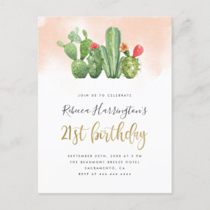 Trendy Blush Watercolor & Cactus 21st Birthday Invitation Postcard