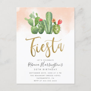 Trendy Blush Watercolor & Cactus Fiesta Birthday Invitation Postcard