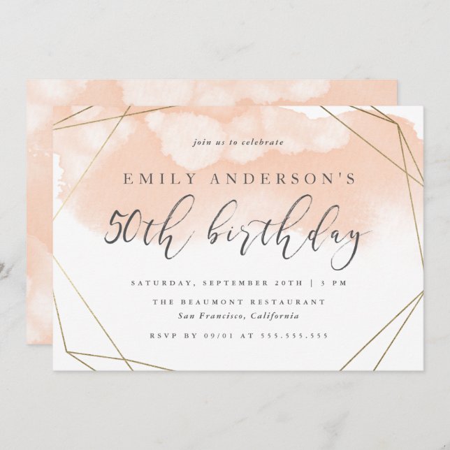 Trendy Blush Watercolor Geometric 50th Birthday Invitation (Front/Back)