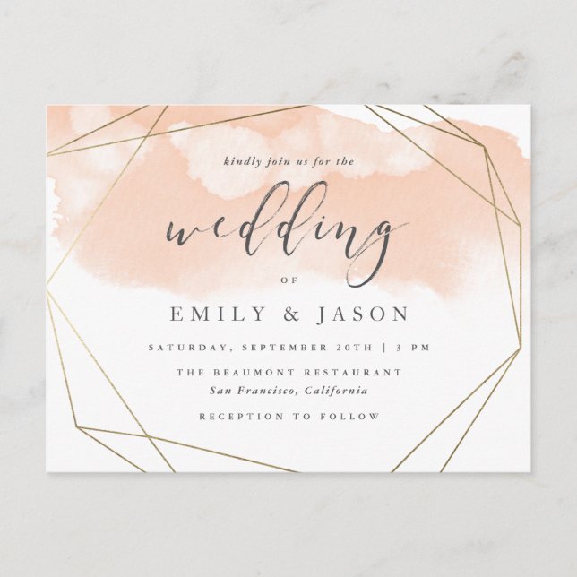 Trendy Blush Watercolor Gold Geometric Wedding Invitation Postcard (Front)