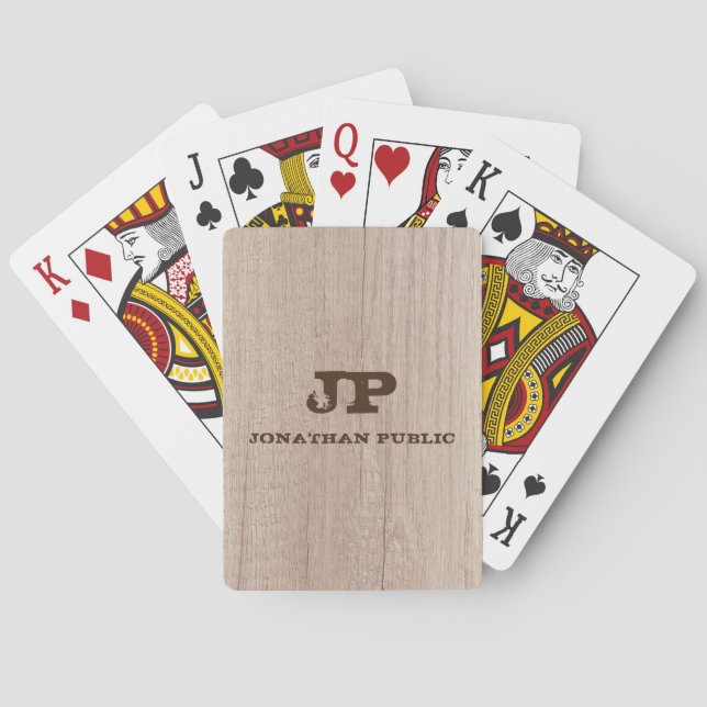Trendy Board Plank Wood Look Monogram Template Playing Cards (Back)