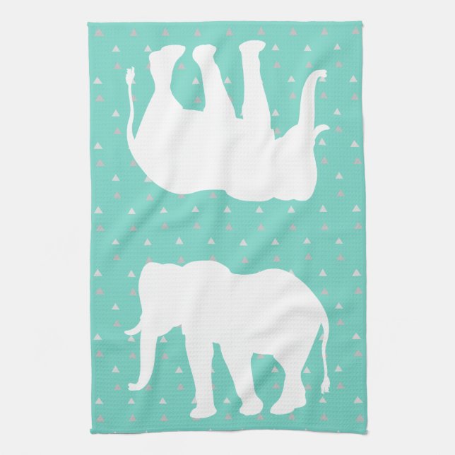 Trendy Bohemian White Elephant & Grey Triangles Tea Towel (Vertical)