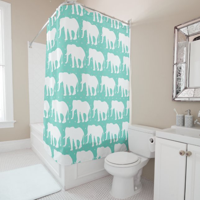 Trendy Bohemian White Elephants & Grey Triangles Shower Curtain (In Situ)