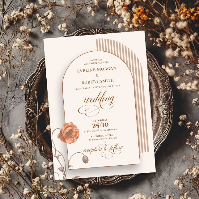 Trendy boho arch terracotta flowers ivory brown invitation (Trendy boho arch terracotta flowers ivory brown invitation)