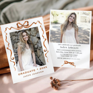 Trendy Boho Bow Ribbon 2 PHOTO Graduation Party Invitation