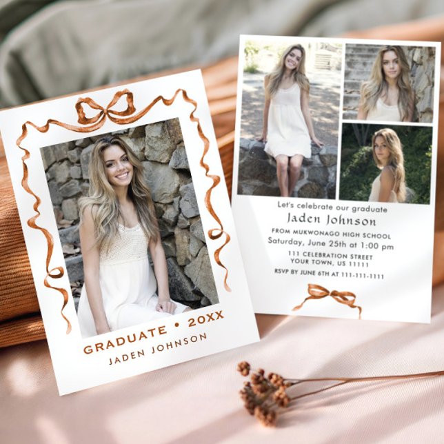 Trendy Boho Bow Ribbon 4 PHOTO Graduation Party Invitation (Creator Uploaded)