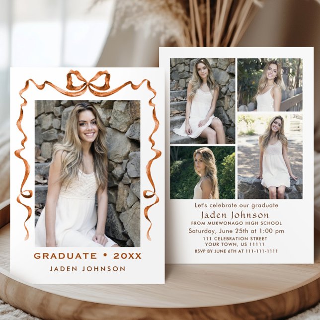 Trendy Boho Bow Ribbon 5 PHOTO Graduation Party Invitation (Creator Uploaded)