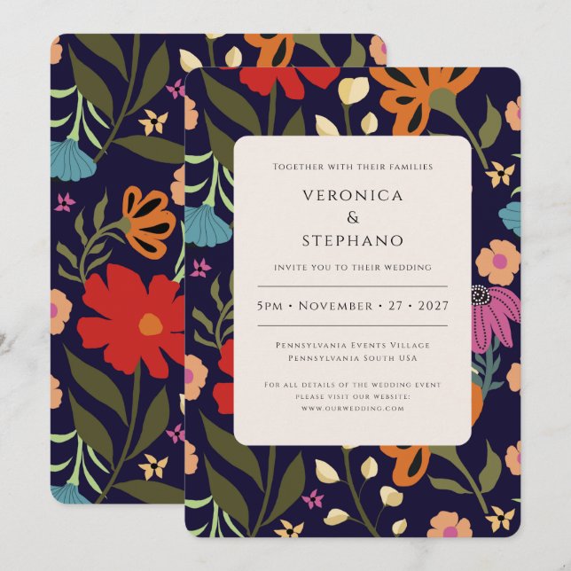 Trendy boho bright colourful floral wedding invitation (Front/Back)