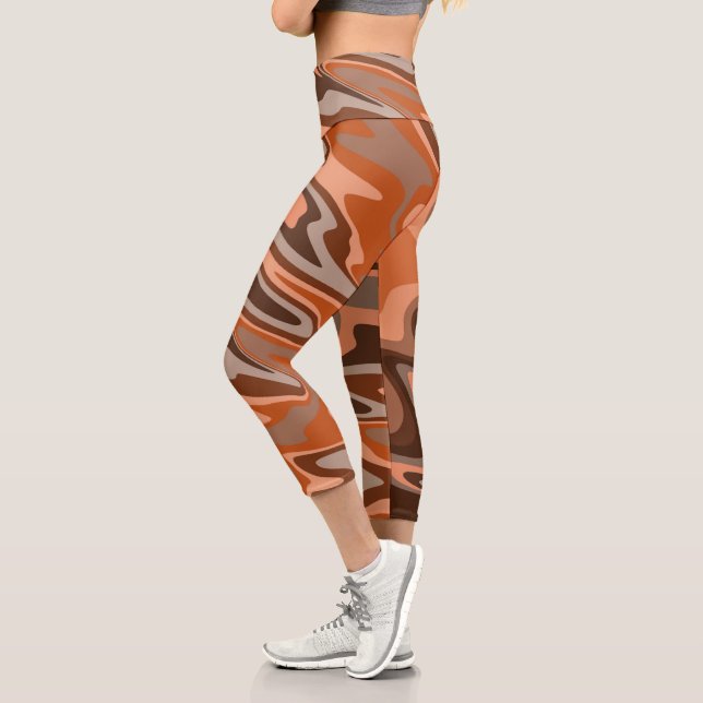 Trendy boho brown orange Abstract wavy Capri Leggings (Left)